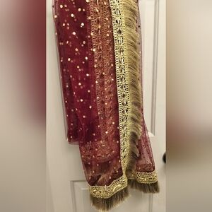 Maroon and Gold Embellished Dupatta